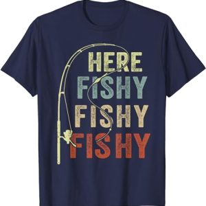 White-t-shirt-with-"Here-Fishy"-text,-perfect-for-fishing-enthusiasts-with-a-sense-of-humor